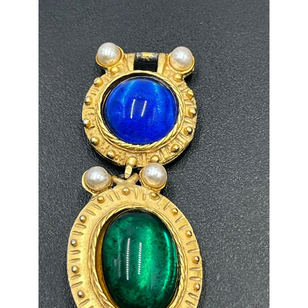 Vintage Blue Green Gemstone color cabochon Byzantine costume Pearl Bracelet 7